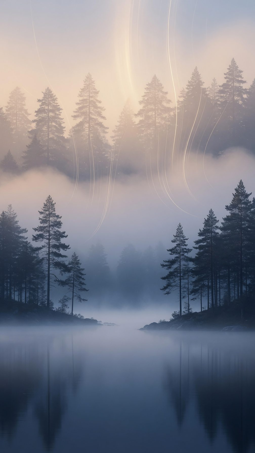 Usvainen järvi ja mäntymetsä aamulla
